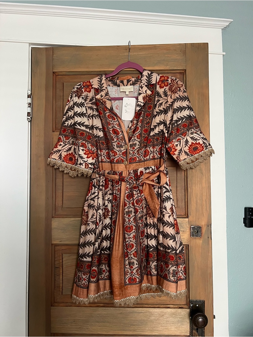 entro Bohemian Mini Dress in Beige and Rust Floral